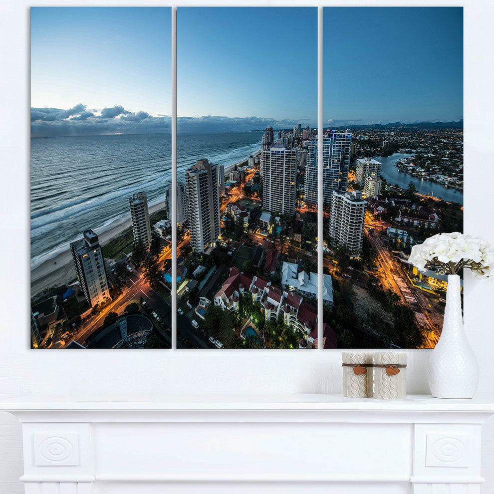 "Brisbane Skyscrapers and Sea Aerial View" Metal Wall Art, 3 Panels, 36"x28"