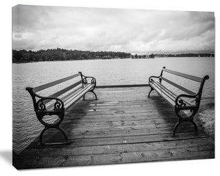 Benches on Bridge by Water Side, Bridge Canvas Art Print, 40"x30"