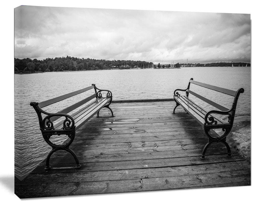 Benches on Bridge by Water Side, Bridge Canvas Art Print, 40"x30"