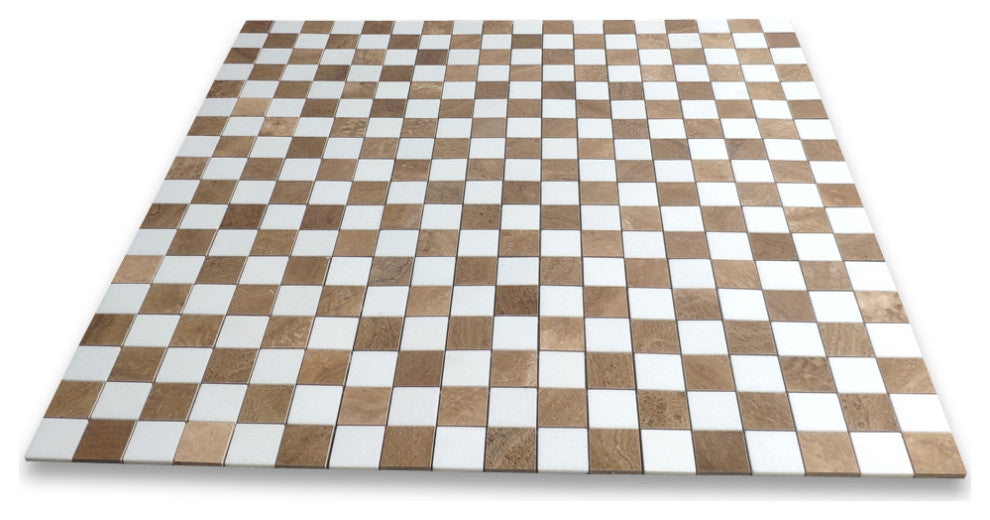 Thassos White Yellow Woodgrain Marble Checkerboard Square Mosaic Tile, 1 sheet