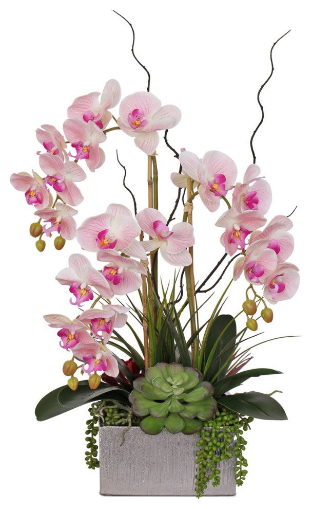 Real Touch Pink Orchid and Succulent Arrangement, Square Silver Pot