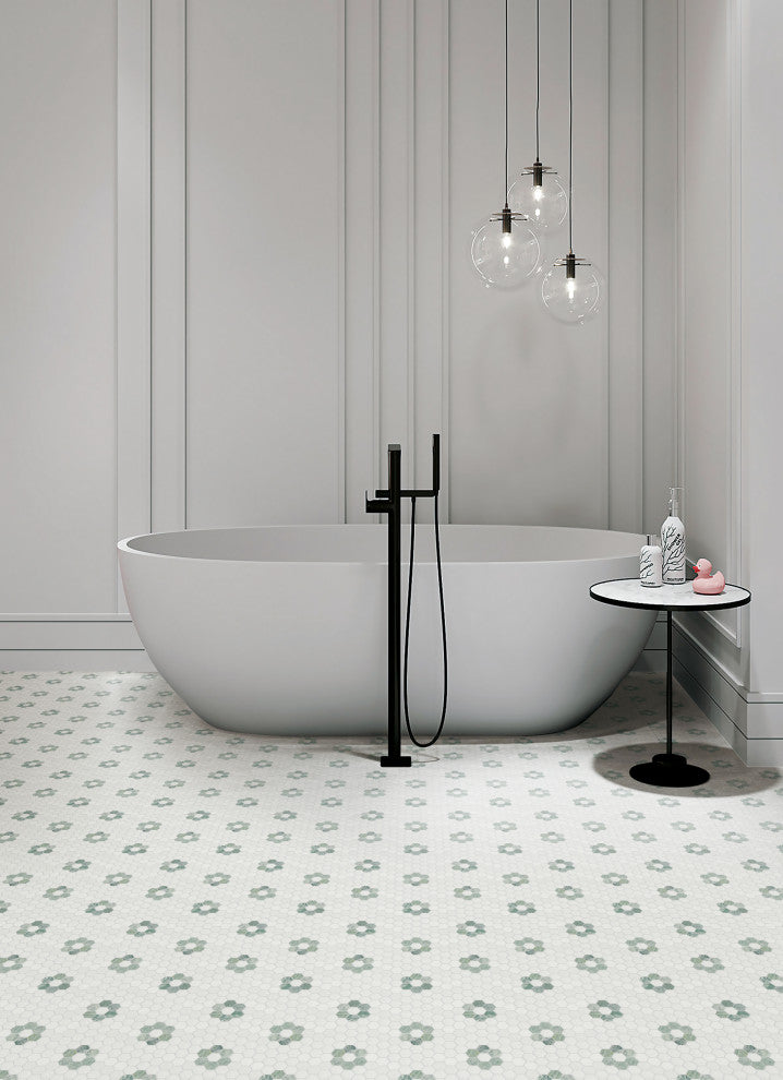 5-Pieces of Thassos White and Ming Green 1" x 1" Marble Honeycomb Mosaic