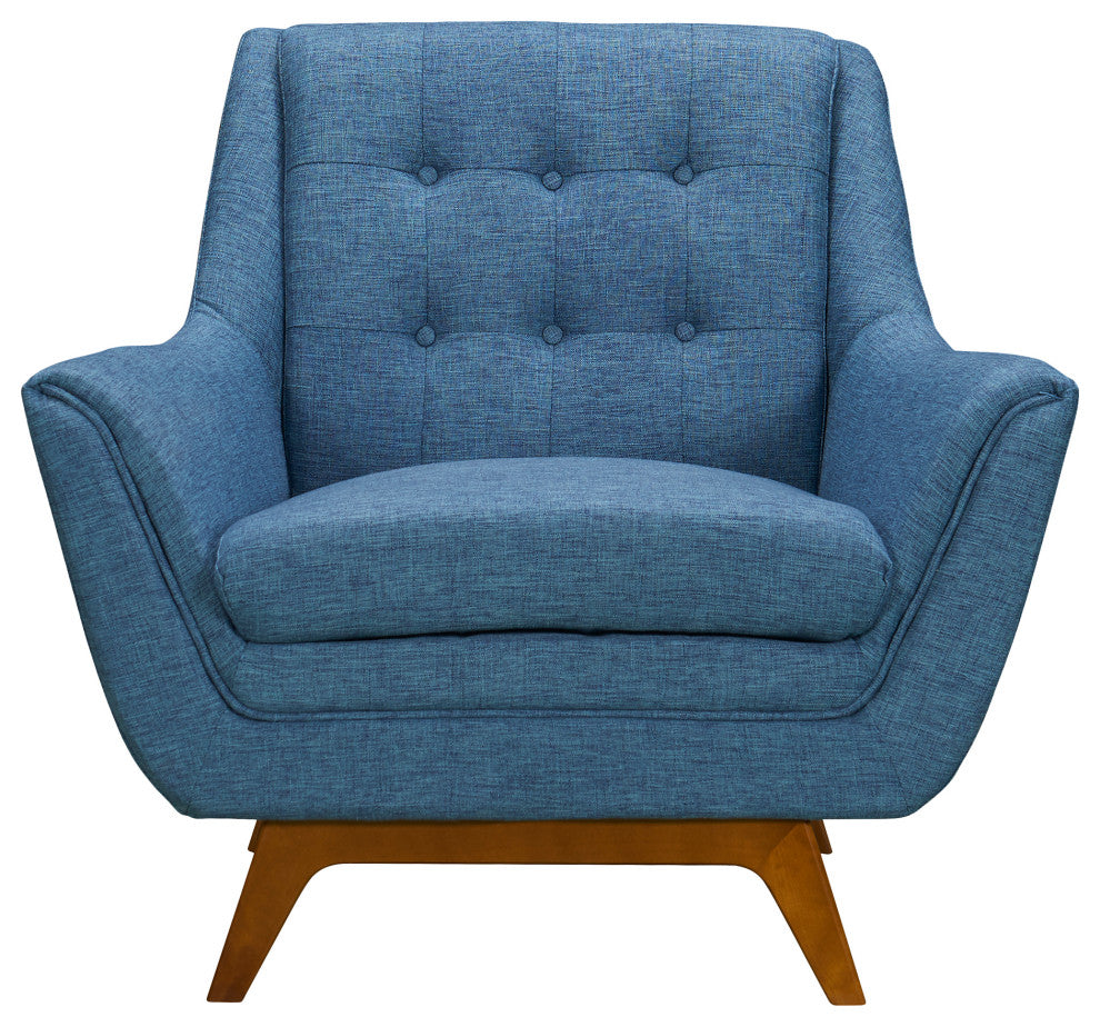 Janson Mid-Century Sofa Chair in Champagne Wood Finish and Blue Fabric