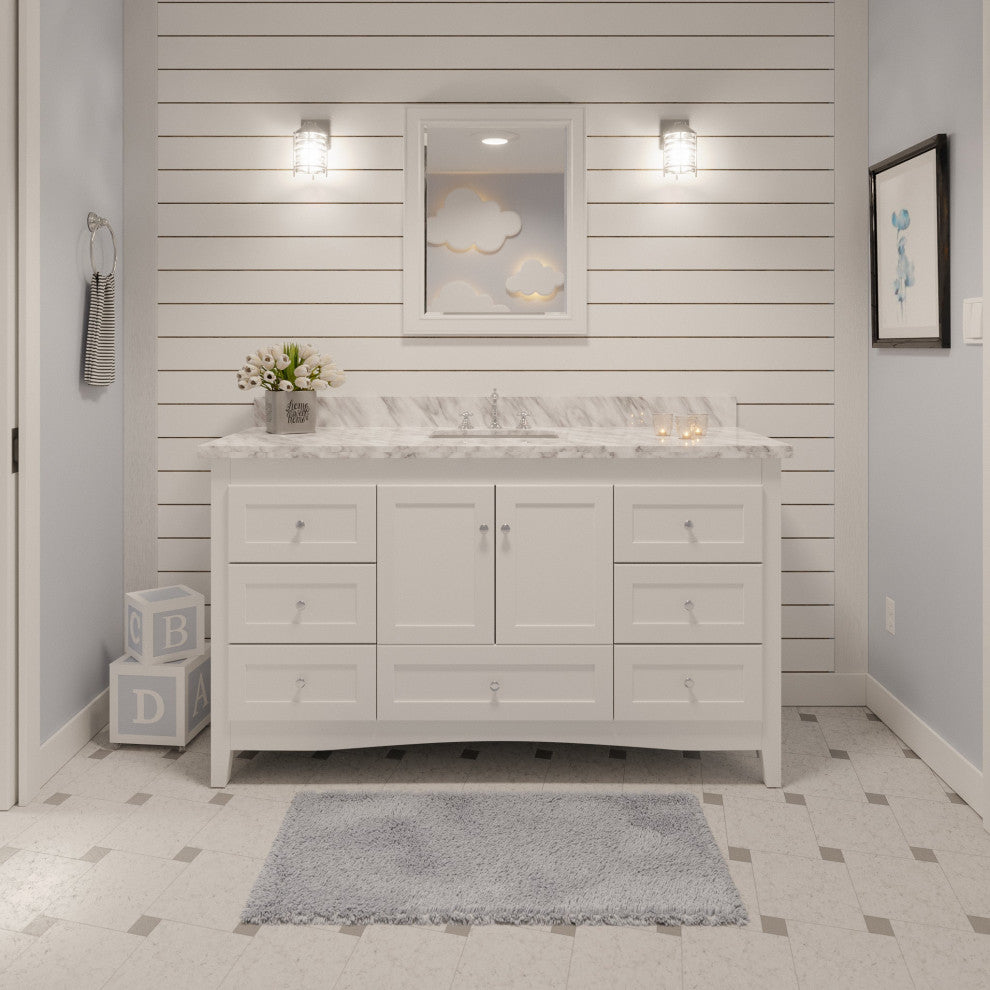 Abbey 60" Bath Vanity, Base: White, Top: Carrara Marble, Single Vanity
