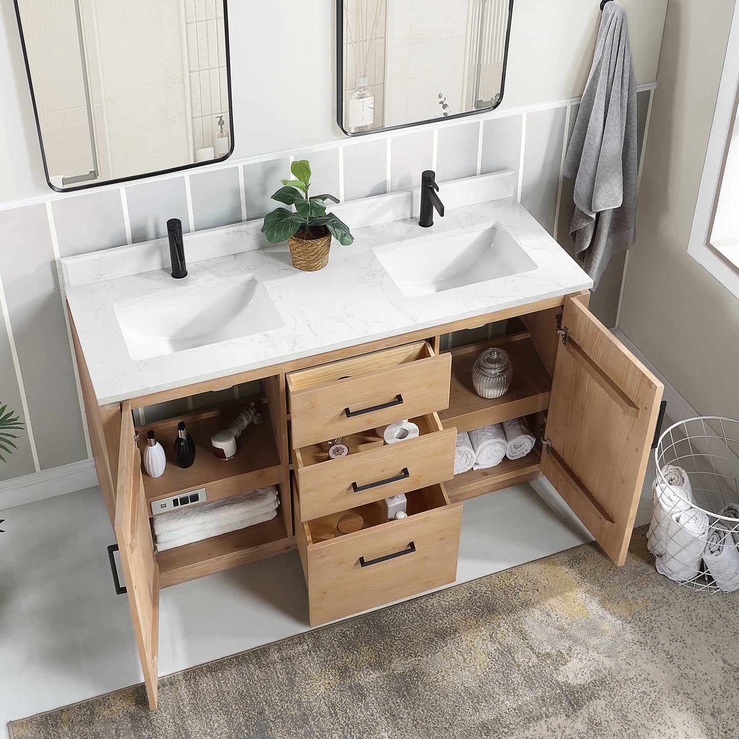 San Bath Vanity with Stone Top, Fir Wood Brown, 60" Double Sink, Double Vanity, No Mirror