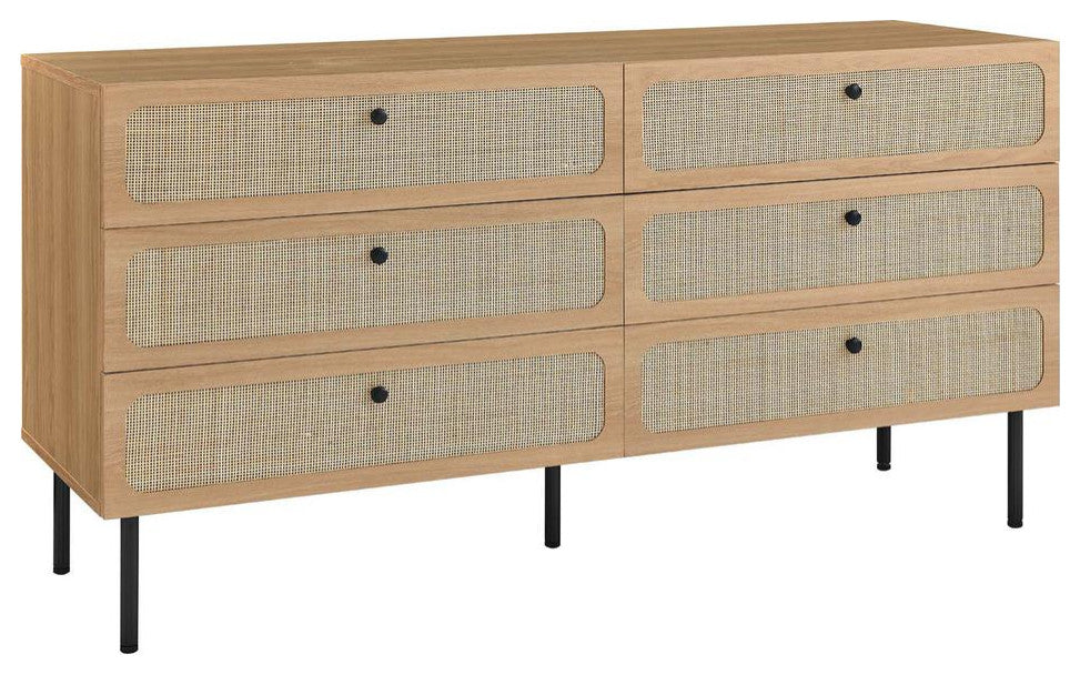 Modway Chaucer 6-Drawer Particleboard and Rattan Dresser in Oak