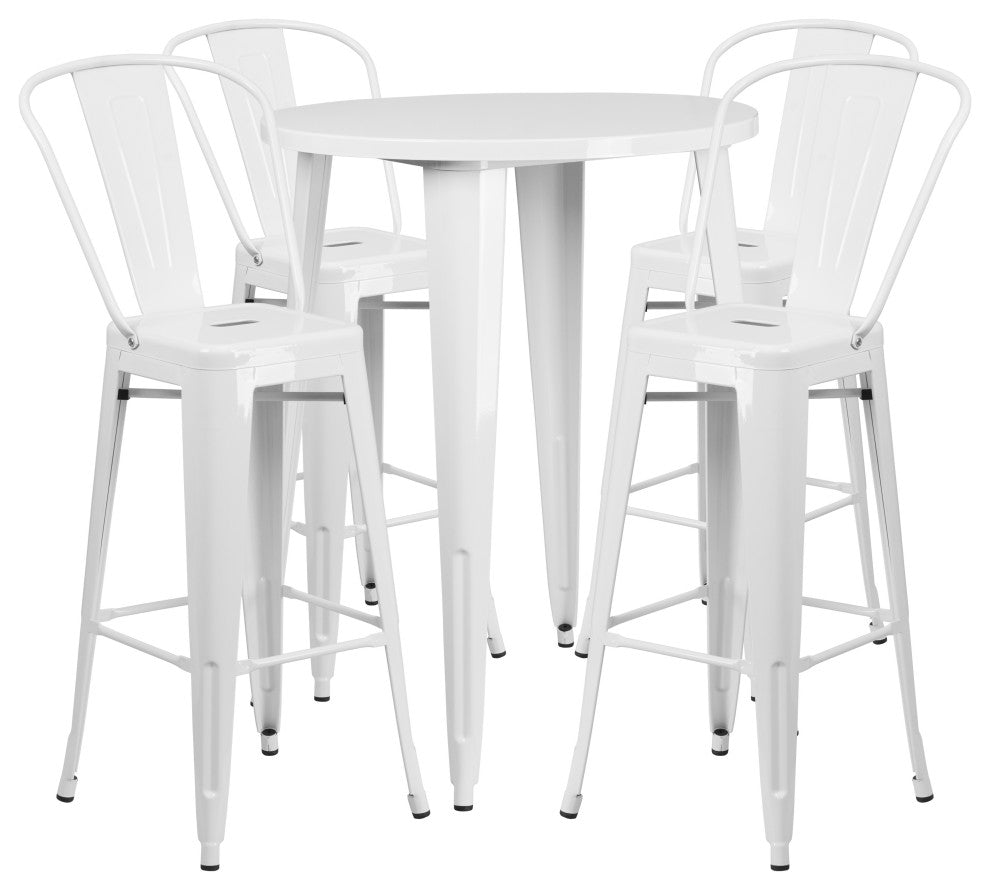 30'' Round White Metal Indoor-Outdoor Bar Table Set With 4 Cafe Barstools