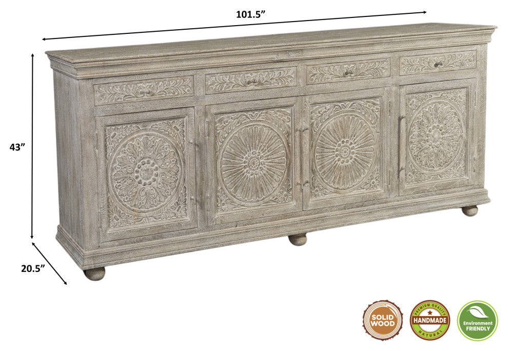 Abigail 4-Drawer 4-Door Floral Carved Wood Sideboard, Limestone Gray