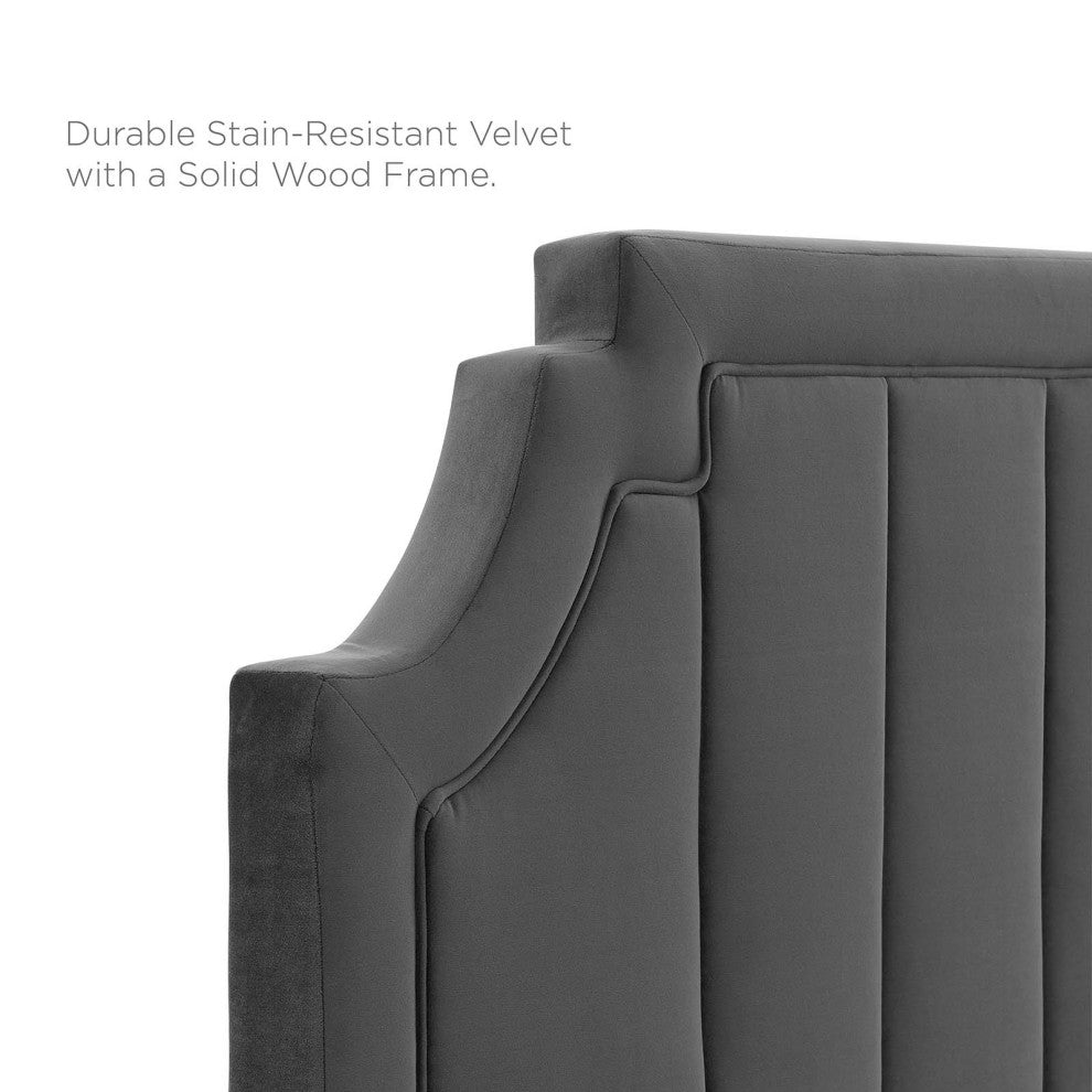 Platform Bed Frame, Queen Size, Velvet, Dark Gray, Modern Contemporary