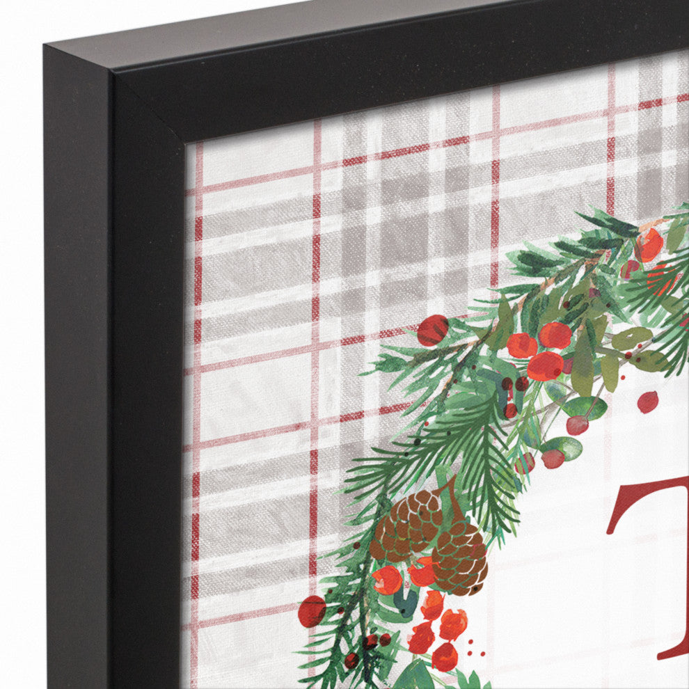 Holiday Gray Plaid Monogram Wreath T 12x12 Black Framed Canvas