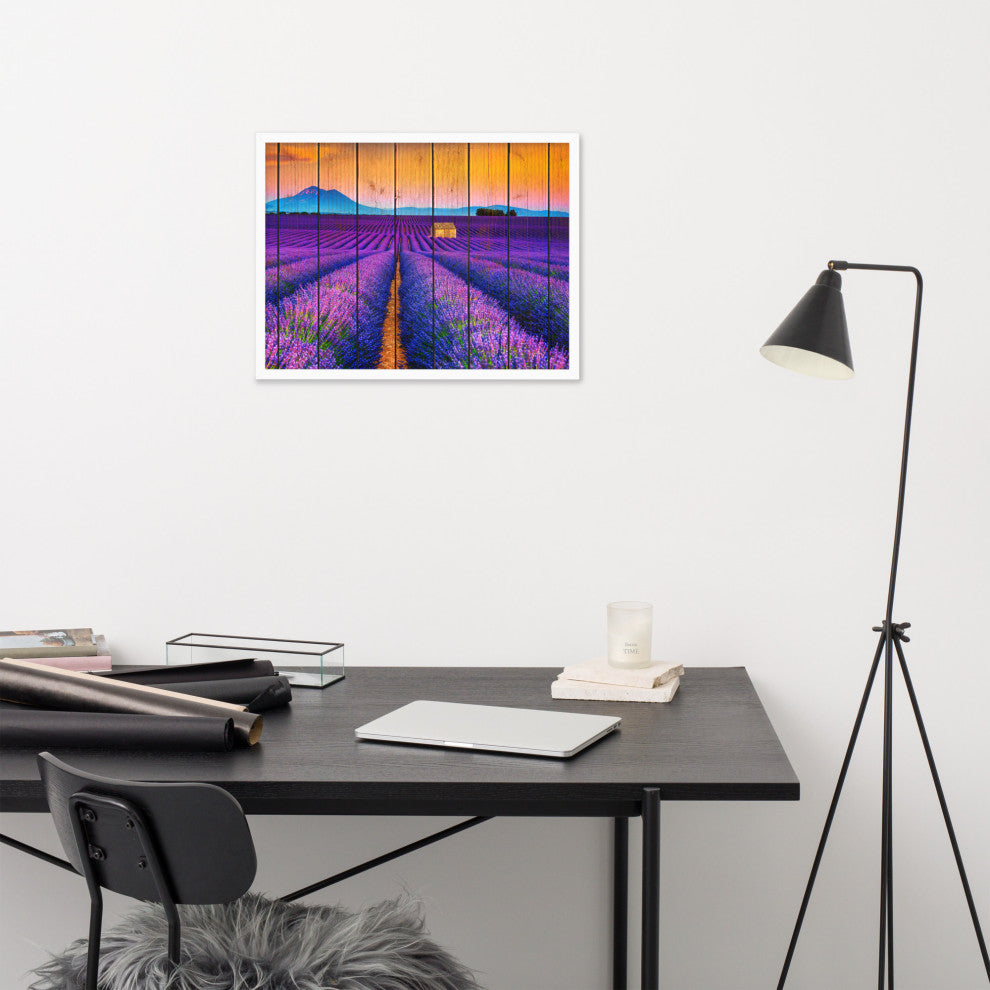 Faux Wood Lavender Fields and Sunset Landscape Framed Photo Paper Wall Art Print, White, 18" X 24"