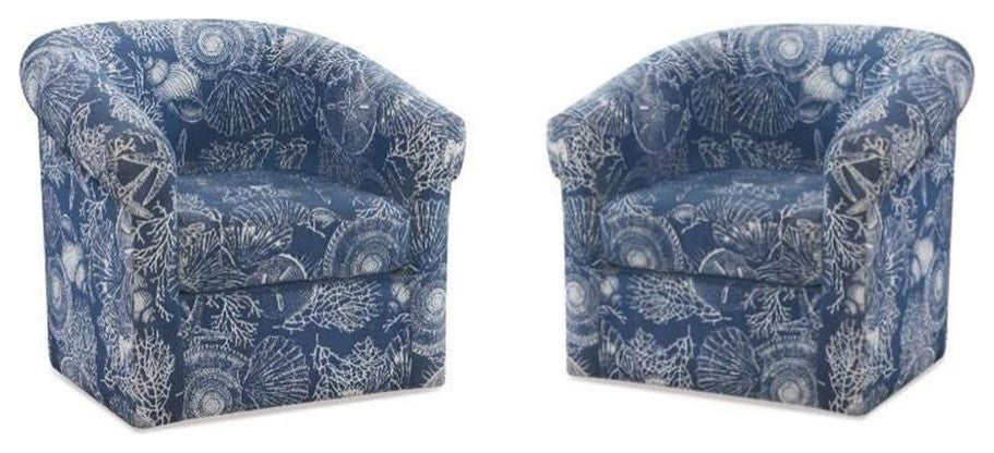 Home Square 2 Piece Swivel Coastal Wood Upholstered Club Chair Set in Blue