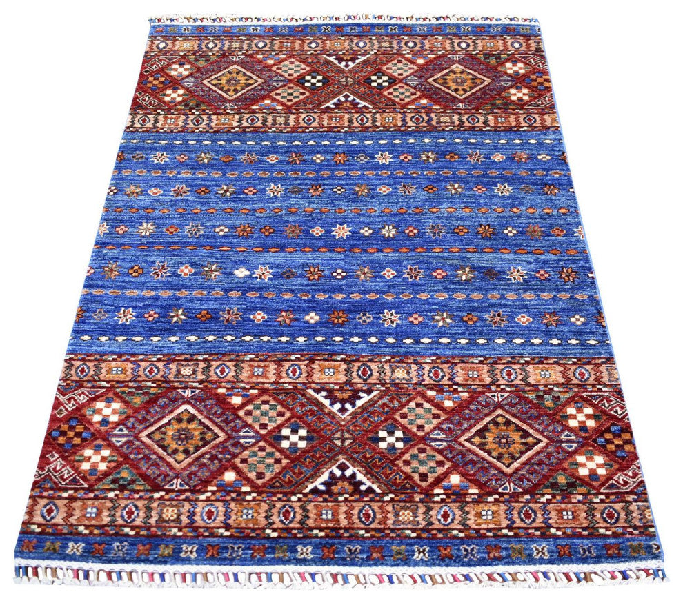 Light Blue, Hand Knotted Afghan Super Kazak, Extra Soft Wool Rug, 3'6" x 5'5"