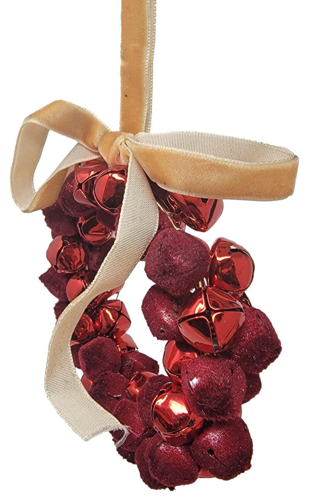 Red Jingle Bell Wreath Ornament Large 4 in Metal Velvet Vintage Antique Style
