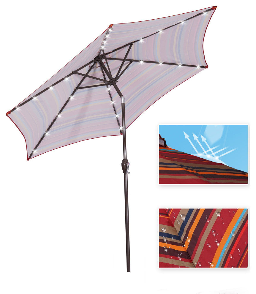9' Outdoor Patio Steel Market Umbrella With 24 LED Lights, Red Striped
