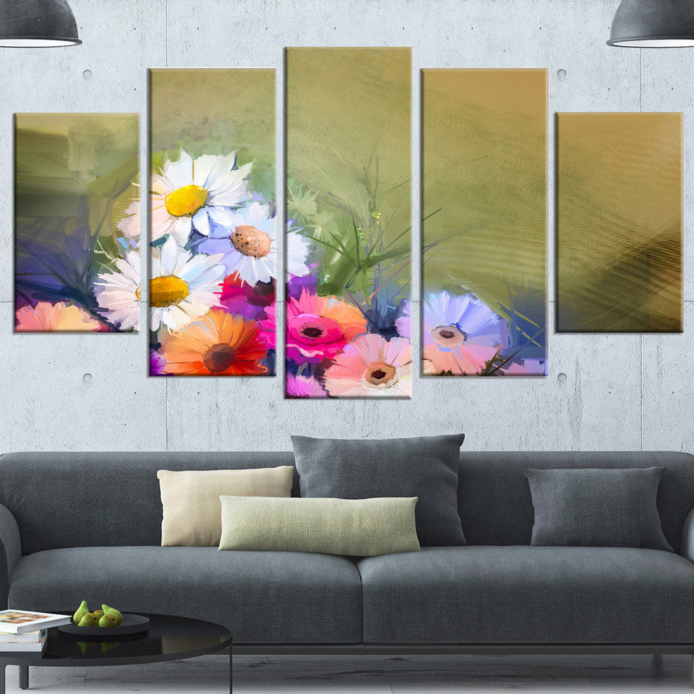 White Sunflower and Gerbera Flowers, Floral Canvas Art Print, 60"x32", 5 Panels