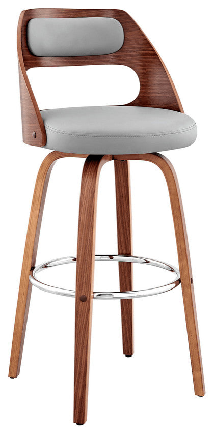 37" Gray Faux Leather And Manufactured Wood Swivel Counter Height Bar Chair