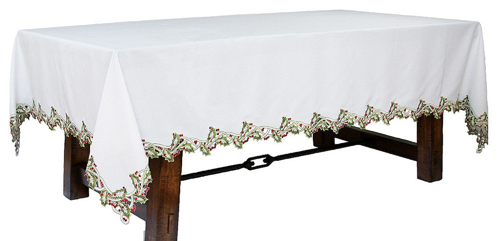Holiday Holly Embroidered Cutwork Tablecloth, White, 70x108