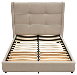 Queen Bed With Integrated Footboard Storage Unit and Accent Wings, Sand Fabric