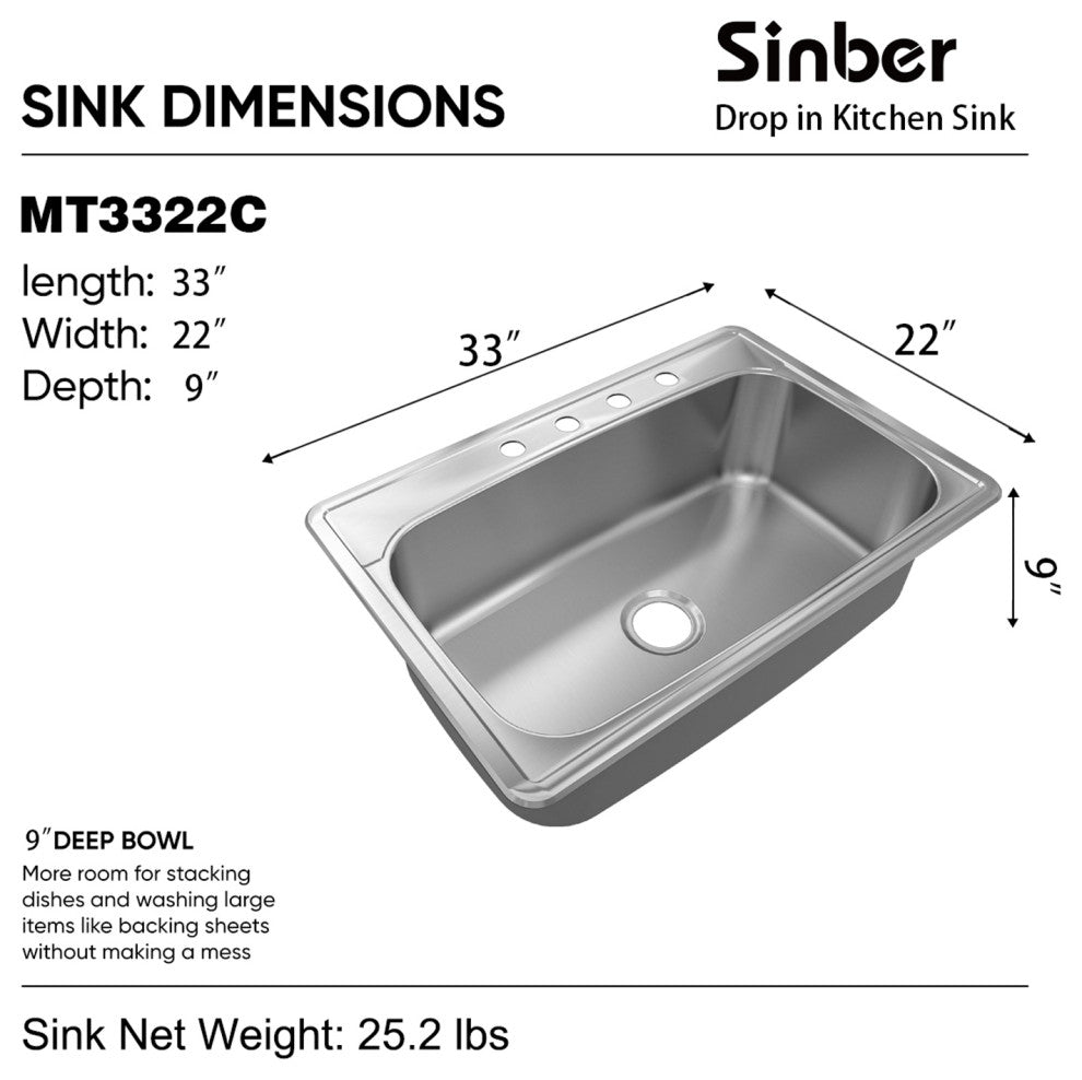 Sinber 33" Drop, Singel Bowl 304 Stainless Steel Kitchen Sink