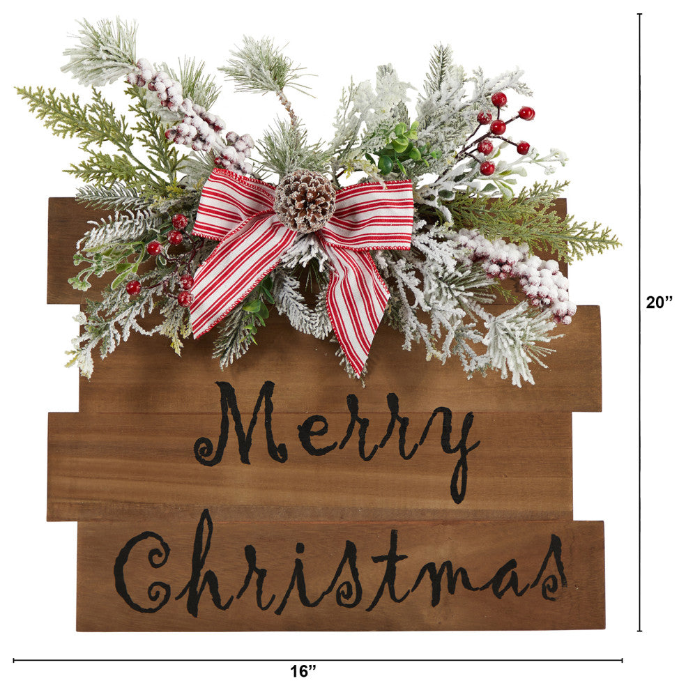 20" Holiday Merry Christmas Door Wall Hanger With Pine and Berries Stripped Bow