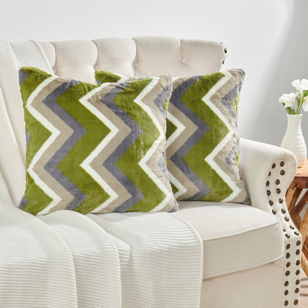 Chevron Faux Fur Pillow Shells, Set of 2, Taupe Green, 20"x20"