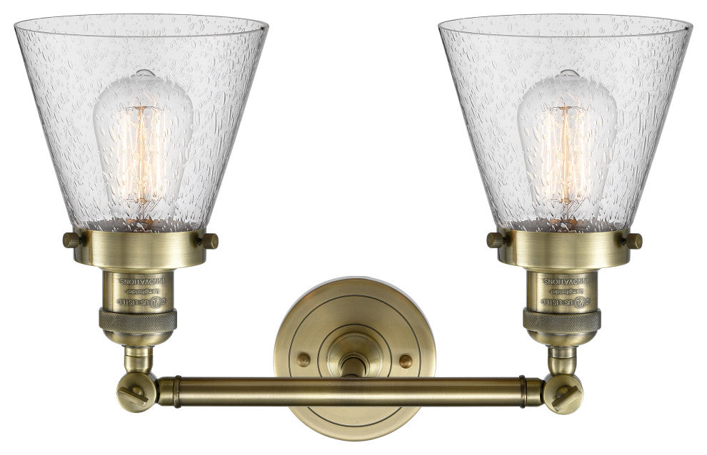 2-Light Small Cone 16" Bath Fixture, Antique Brass, Glass: Seedy