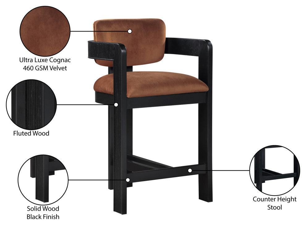 Sacha Upholstered Bar and Counter Stool, Cognac, Velvet, Black
