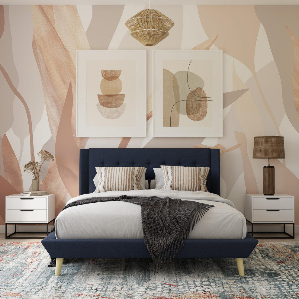 Unique Platform Frame, Wing Headboard With Button Tufting, Blue, Full