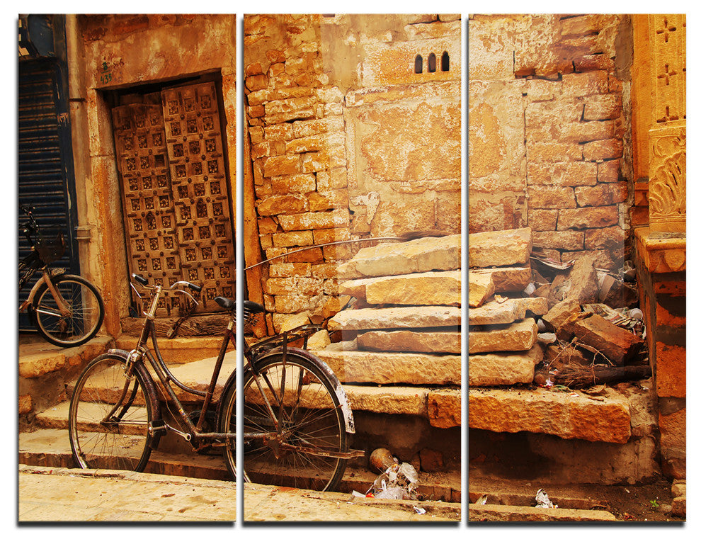 "Bicycle against Brown Wall" Photo Metal Wall Art, 3 Panels, 36"x28"