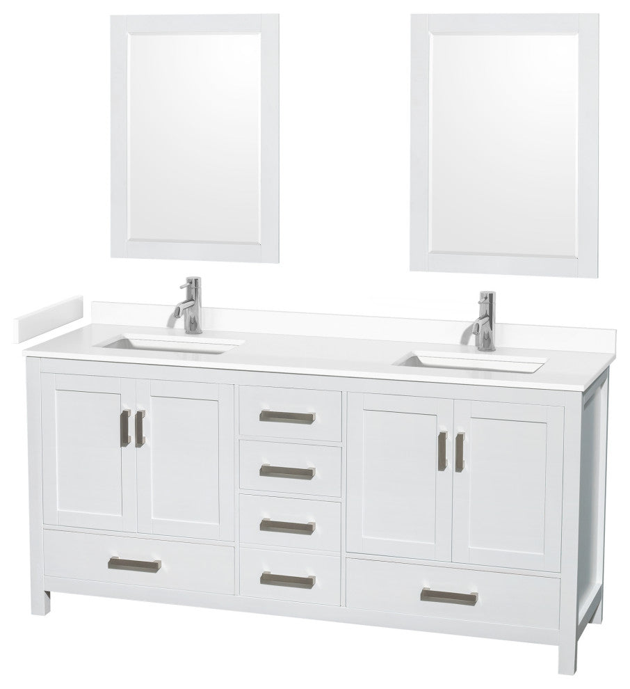 72"DBL Bathroom Vanity White, White Cult. Marble Countertop, Sinks, 24" Mirrors
