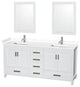 72"DBL Bathroom Vanity White, White Cult. Marble Countertop, Sinks, 24" Mirrors