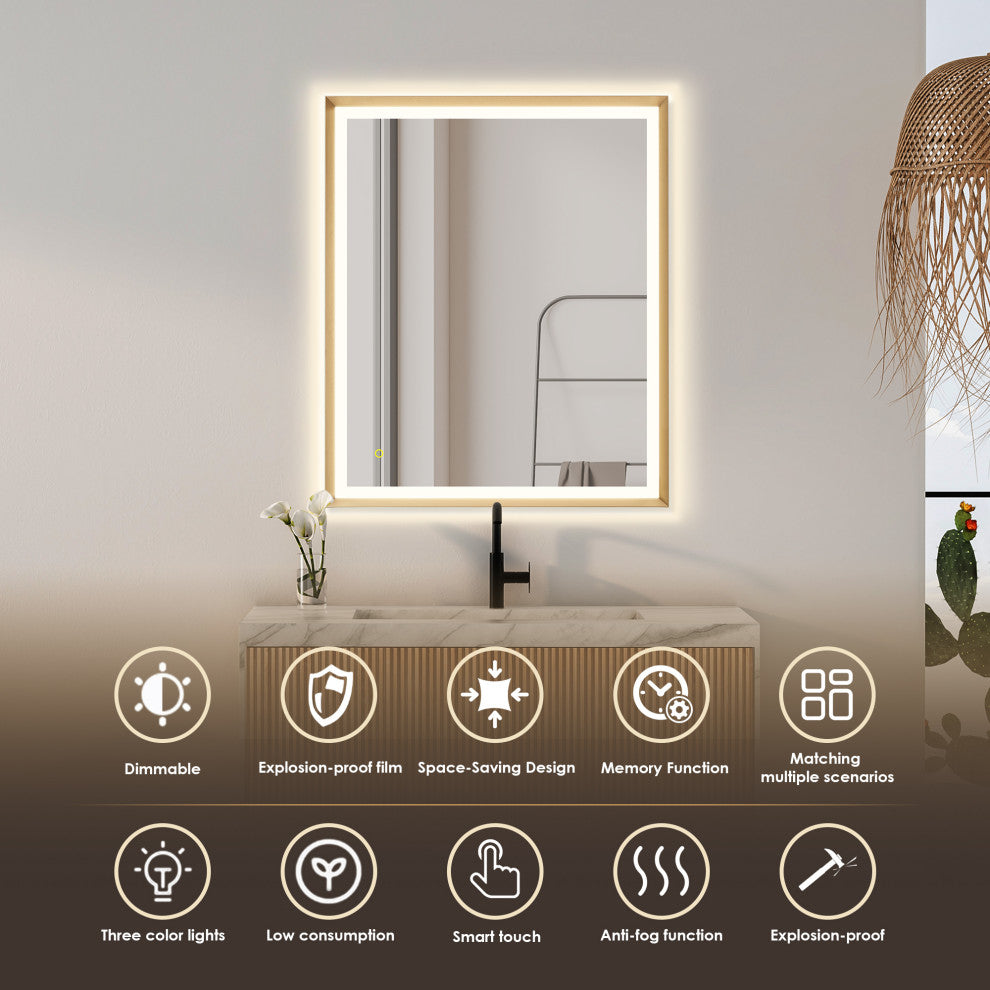 Apollo Anti-Fog Dimmable Vanity, LED Lighted Wall Mirror, Brushed Gold, 36"