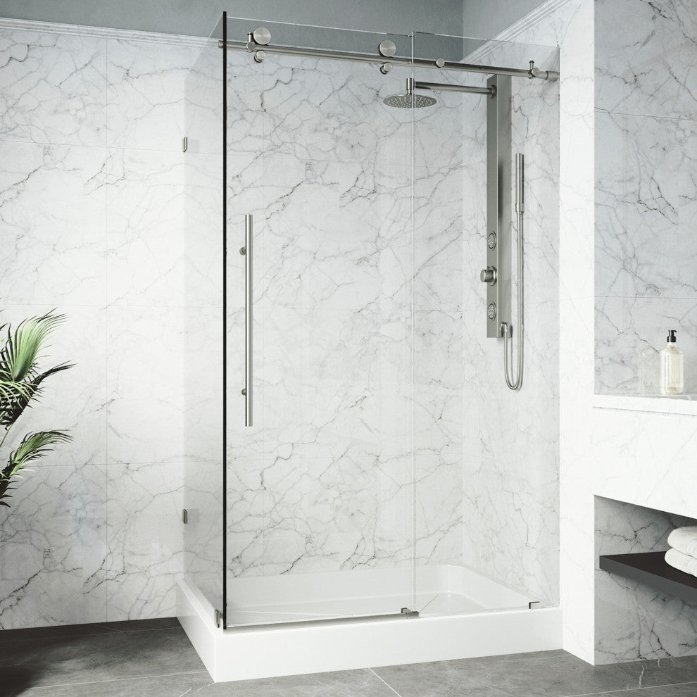 VIGO Elan E-Class Frameless Sliding Shower Enclosure, Stainless Steel, 36" D X 48" W X 82" H, Right Base