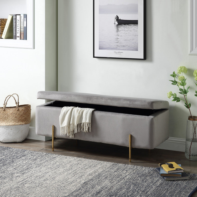 Emma Velvet Storage Bench With Metal Legs, Gray