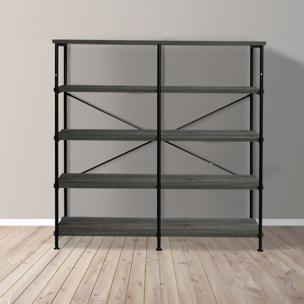 63" Industrial 4 Tier Bookshelf Particleboard Metal Frame, Gray, Black