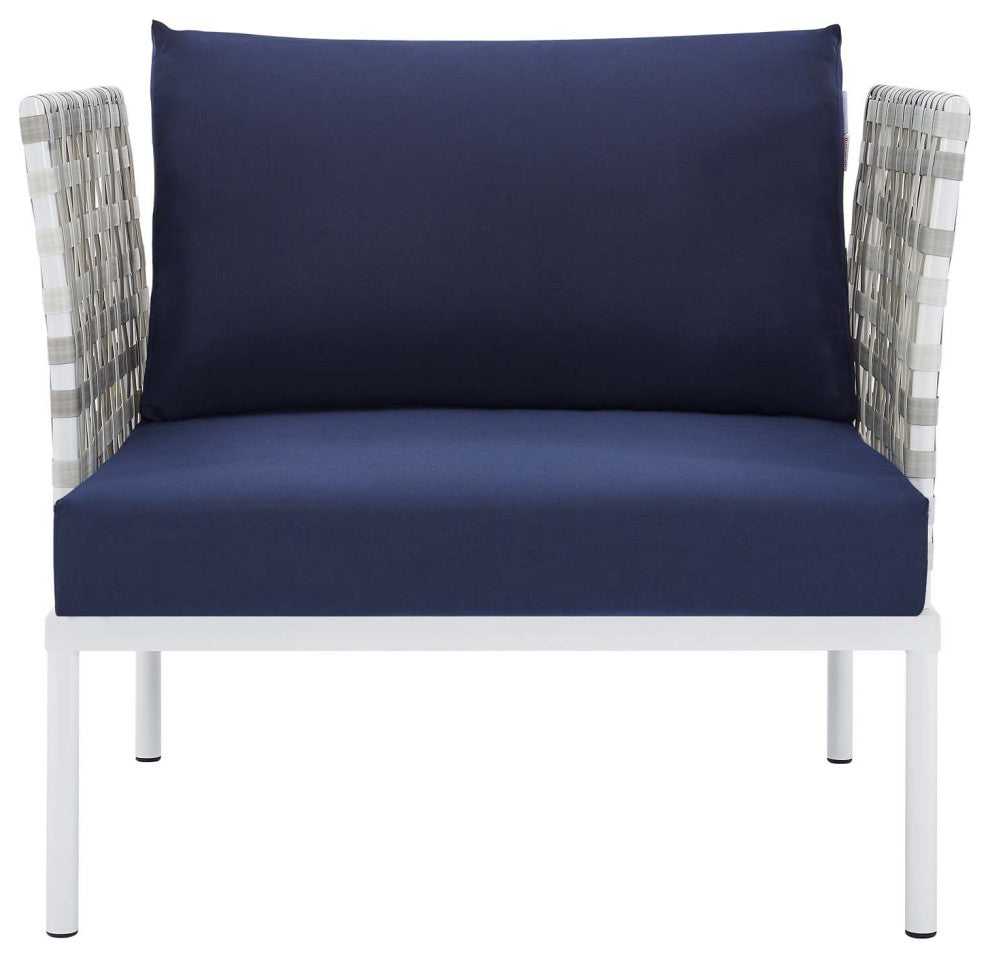 Harmony Sunbrella Basket Weave Outdoor Patio Aluminum Armchair, Taupe Navy