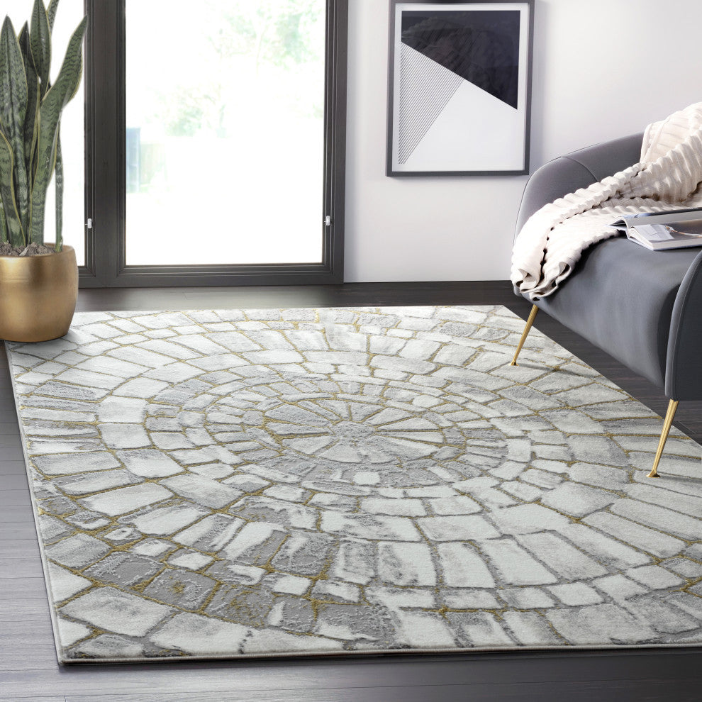 Abani Luna LUN130A Contemporary Grey and Gold Spiral Metallic Area Rug