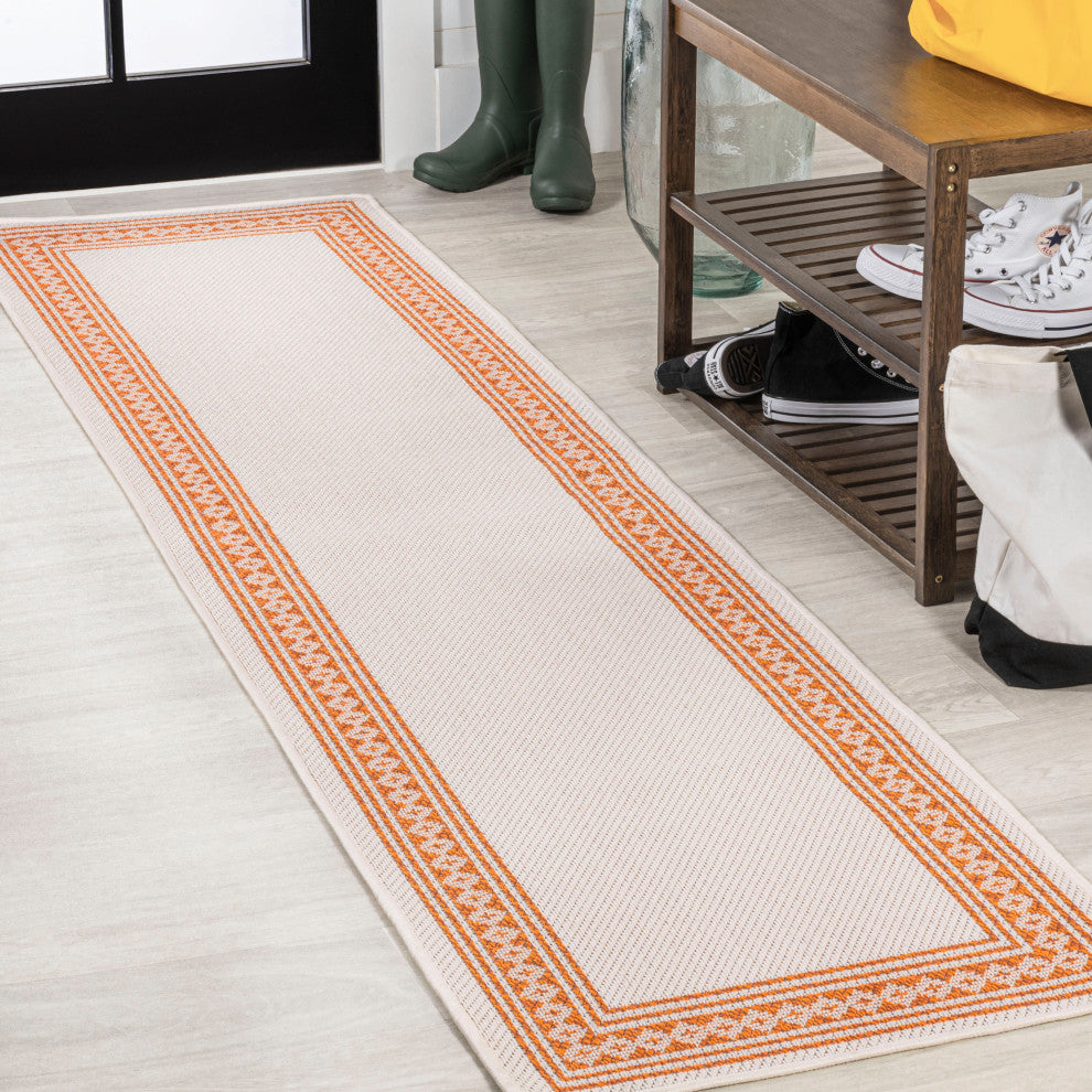 Lucia Classic Diamond Border Indoor/Outdoor Area Rug, Cream/Orange, 2x8