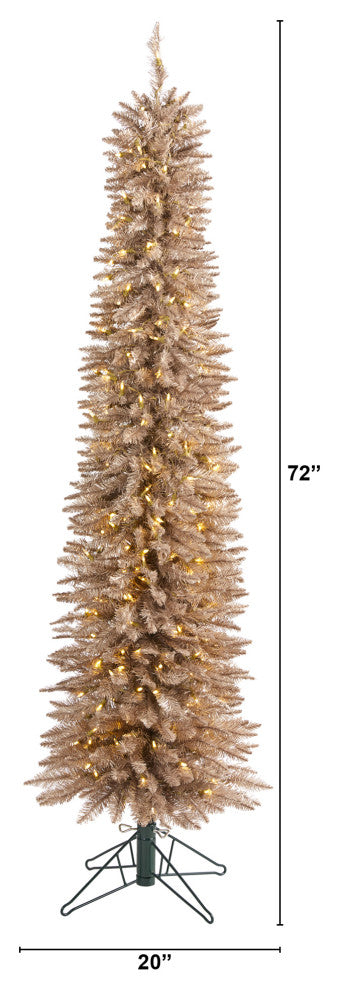 6' Champagne Pencil Faux Xmas Tree W/ Multifunction Lights & Bendable Branches