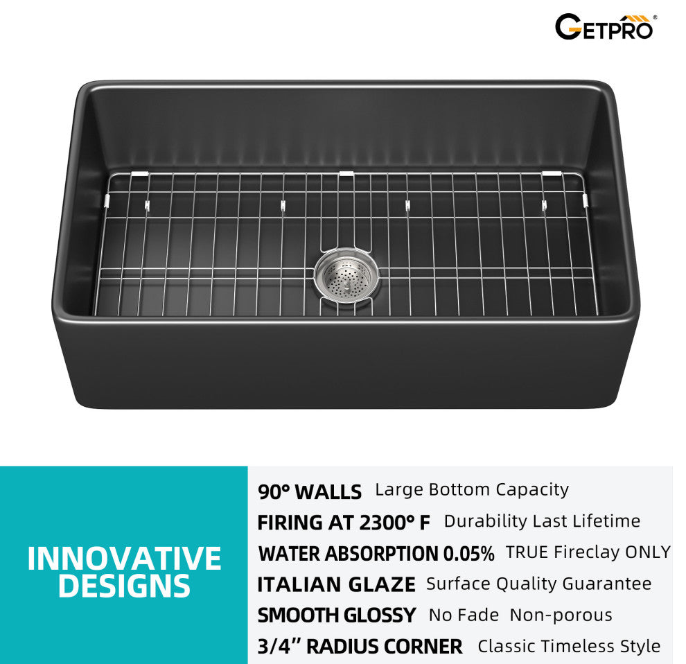33 inch Black Single Farmhouse Kitchen Sink with Bottom Grid