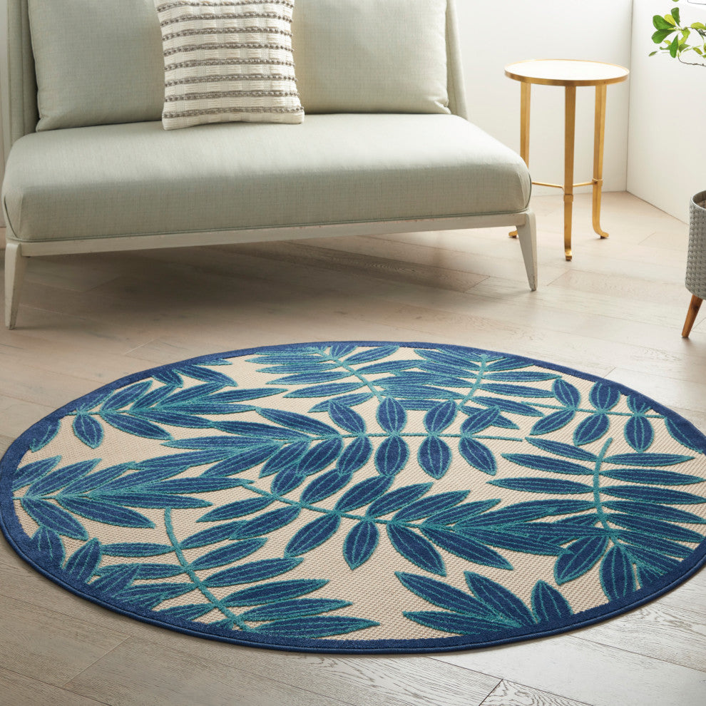Nourison Aloha 4' x Round Navy Tropical Area Rug