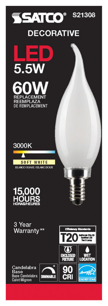 5.5W CA10 LED, Frost, Candelabra Base, 90 CRI, 3000K, 120V