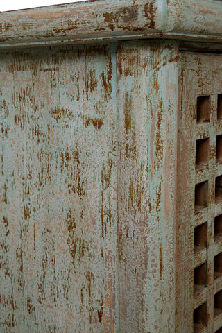 Close-up of weathered green finish on white background (cropped feature view).
