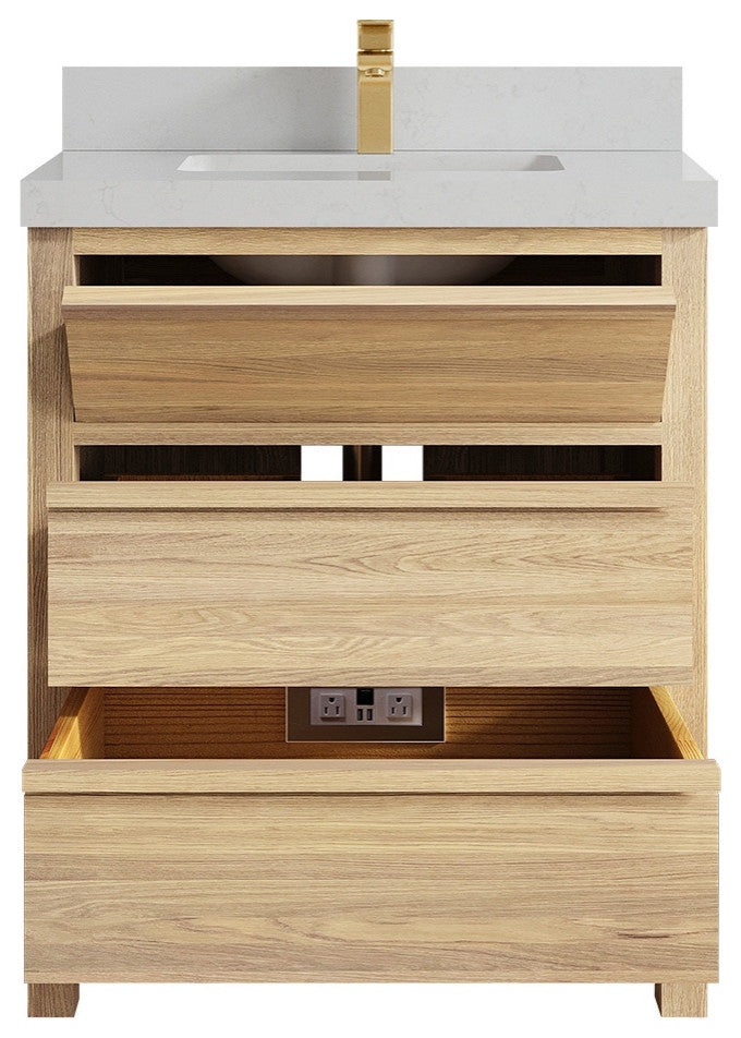 Elizabeth Oak 30" Single Sink Vanity, White 2" Carrara Quartz