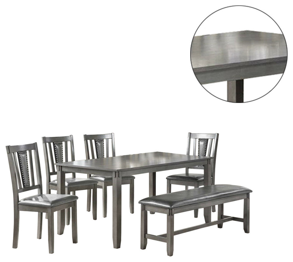 Benzara BM228549 6 Piece Dining Set with Leatherette Padded Chair & Bench, Gray