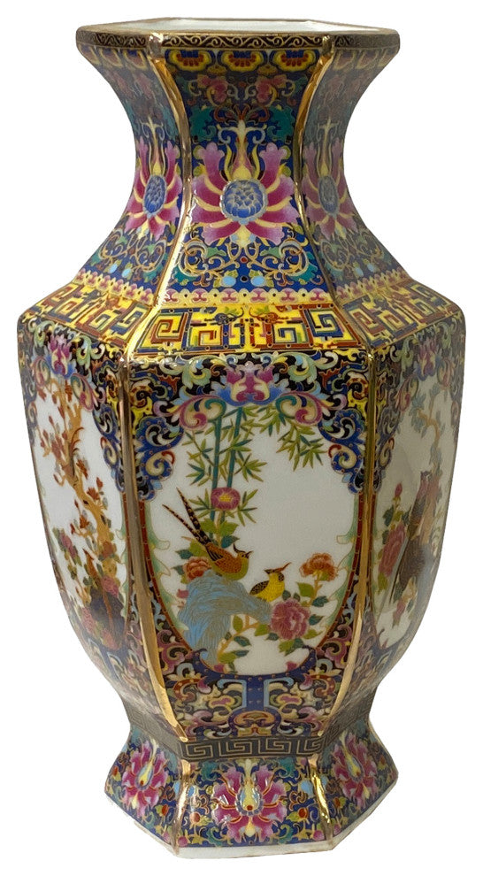 Purple blue Rich Multi-Color Print Flower Bird Graphic Porcelain Vase Hws1491