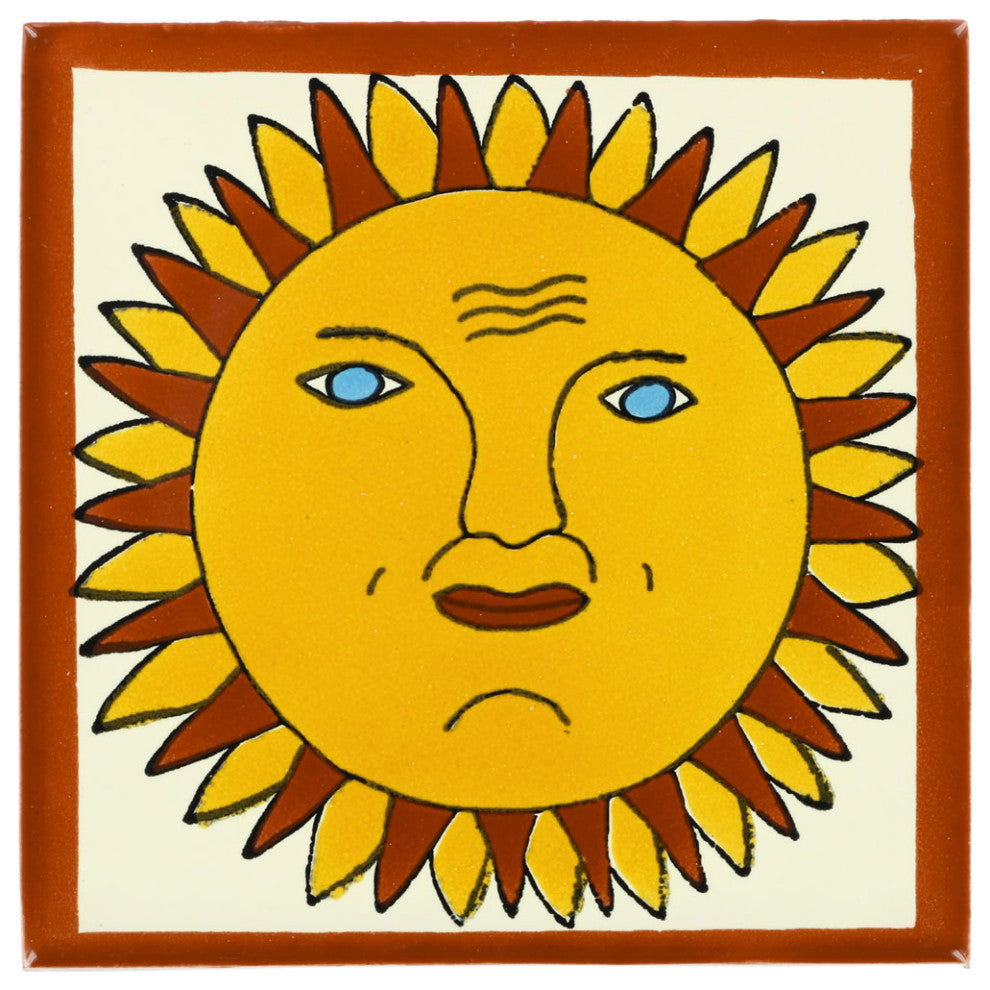 4.25"x4.25" Talavera Mexican Handmade Ceramic Tile, Sun, Set of 9