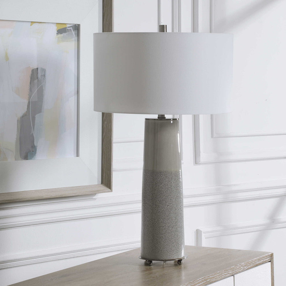 Sleek Light Gray Column Table Lamp Ceramic Two Tone Gloss Textured