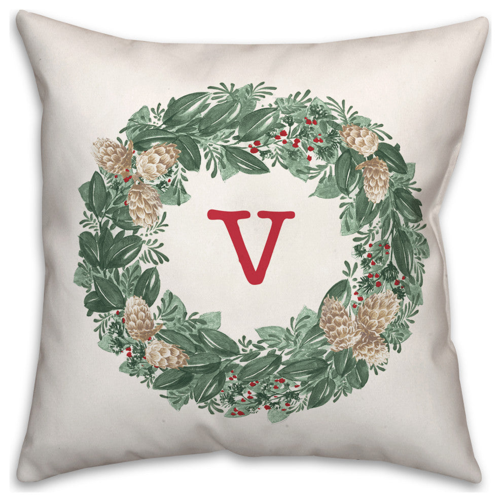 Christmas Wreath Monogram V 18x18 Spun Poly Pillow
